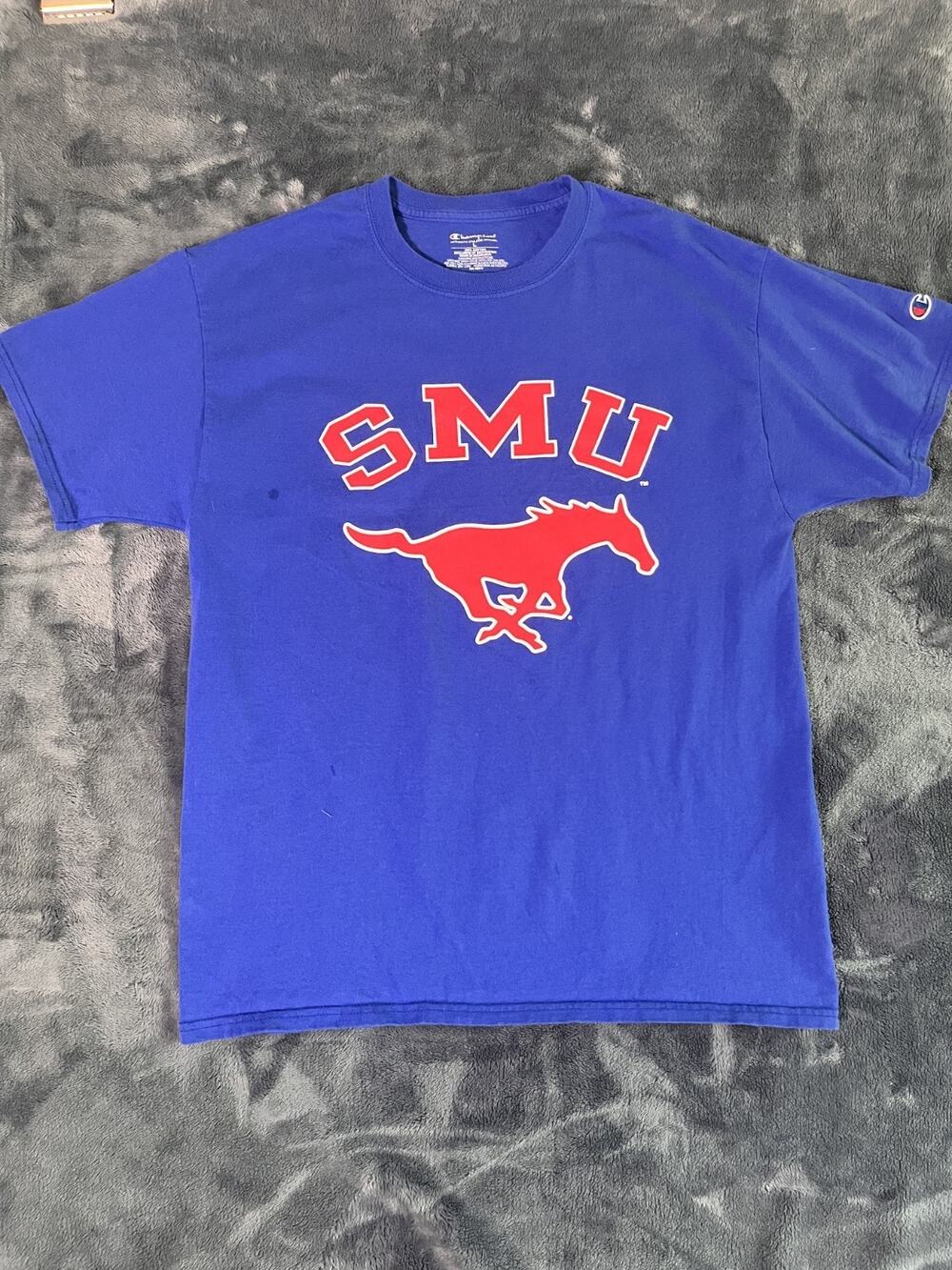 SMU Mustangs T Shirt Size L Large Champion Blue Short Sleeve Graphic Tee NCAA